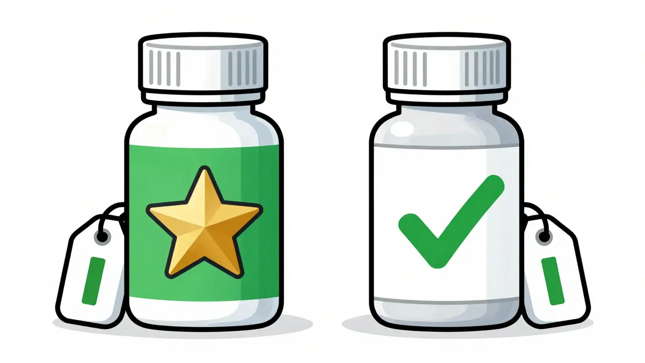 Line art comparing a brand-name medicine bottle with a more affordable generic version.