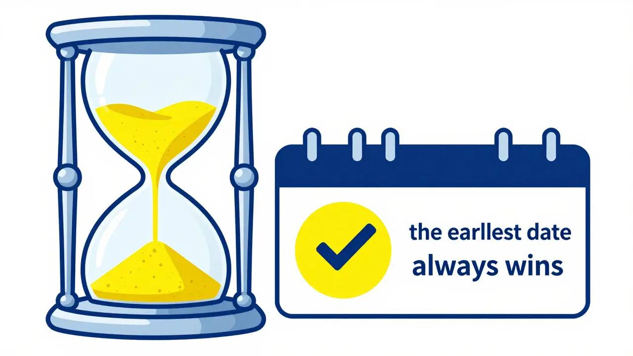 Line art conceptual image of an hourglass and dates showing the earliest date is the priority.