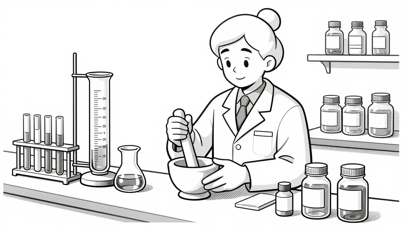 Line art drawing of a pharmacist compounding custom liquid medication in a laboratory.