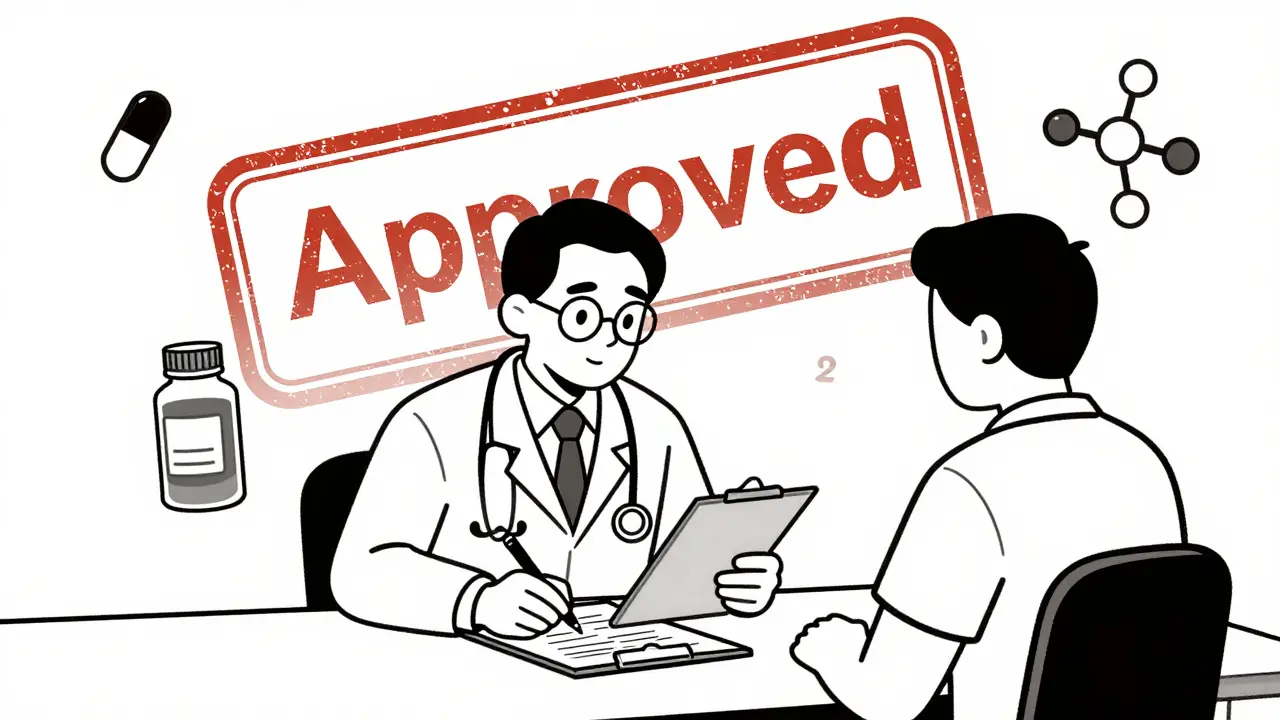 Line art of a doctor documenting clinical notes to get a non-preferred medication approved.