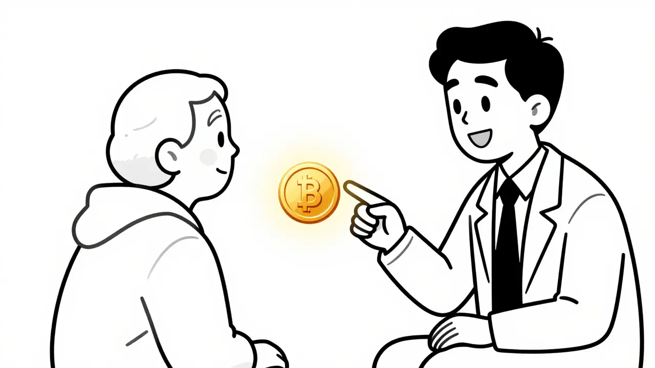 Line art showing a counselor explaining the Extra Help subsidy benefit to a patient.