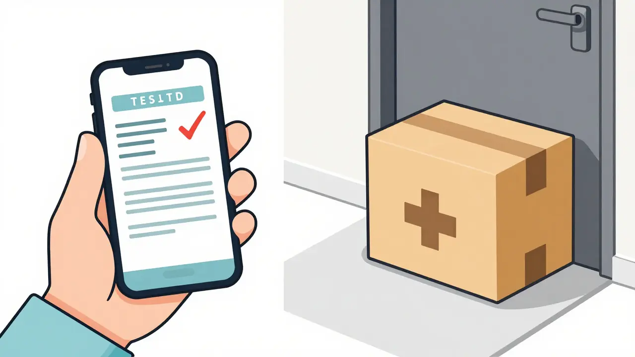 Line art showing a digital prescription on a phone and a pharmacy package at a door.