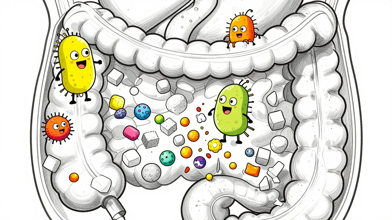 Line art showing gut bacteria fermenting carbohydrates in the colon.