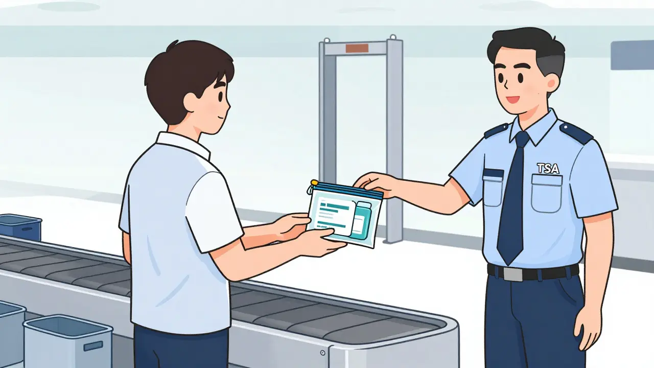 Passenger handing medical pouch to security officer in line art illustration