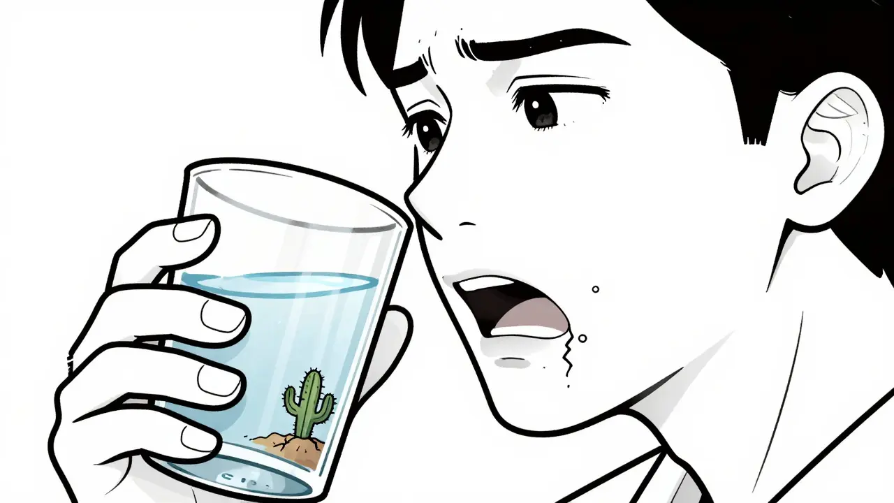 Person in profile drinking water with symbolic cracked earth in the mouth area showing dry mouth.