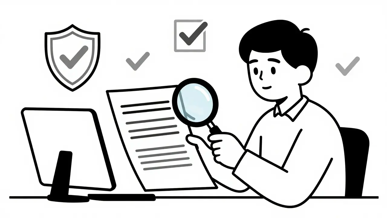 Person with magnifying glass reviewing documents at desk