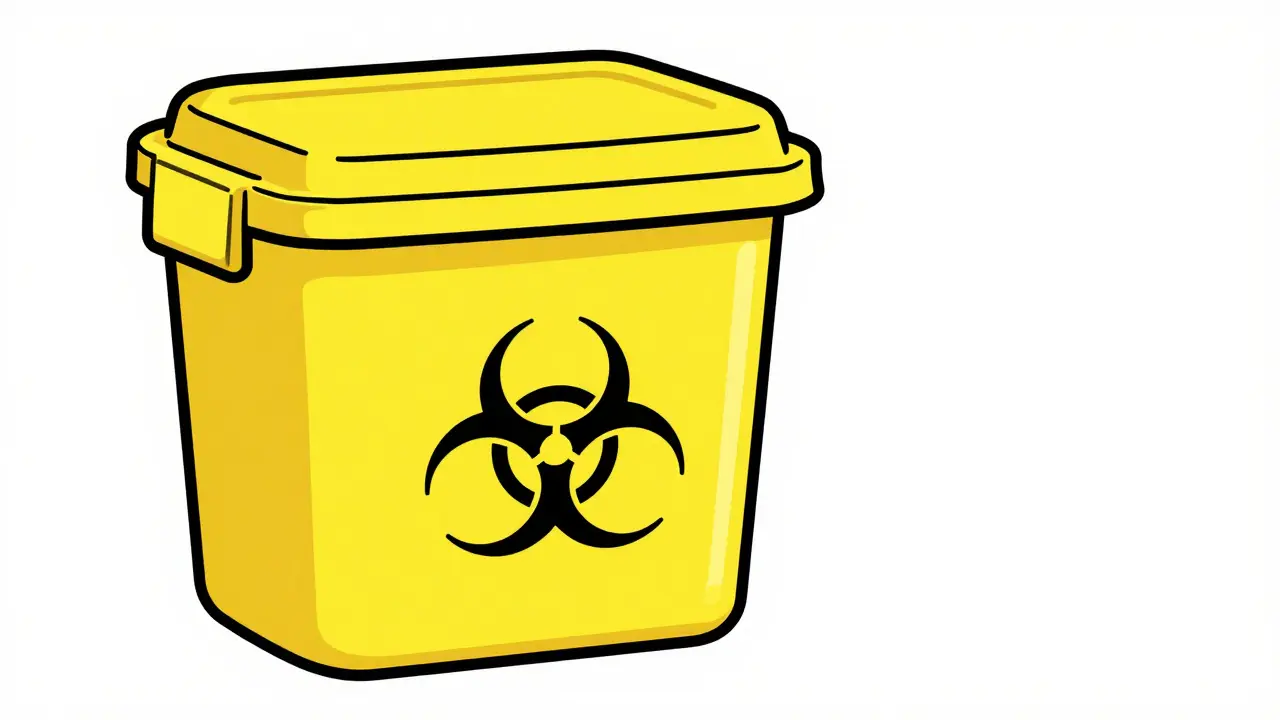 Yellow FDA-approved sharps container with biohazard symbol in line art