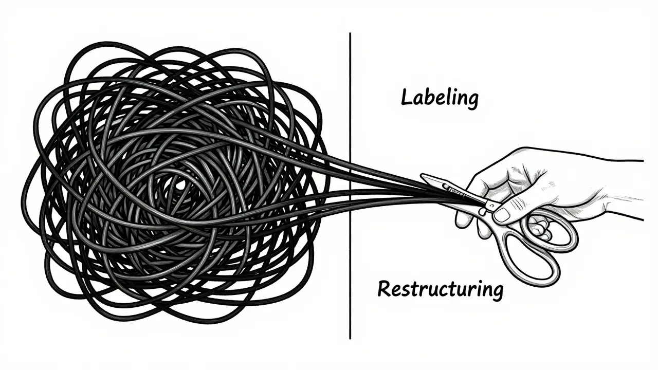 Black and white line drawing showing tangled knots of anxiety being untangled into straight lines.