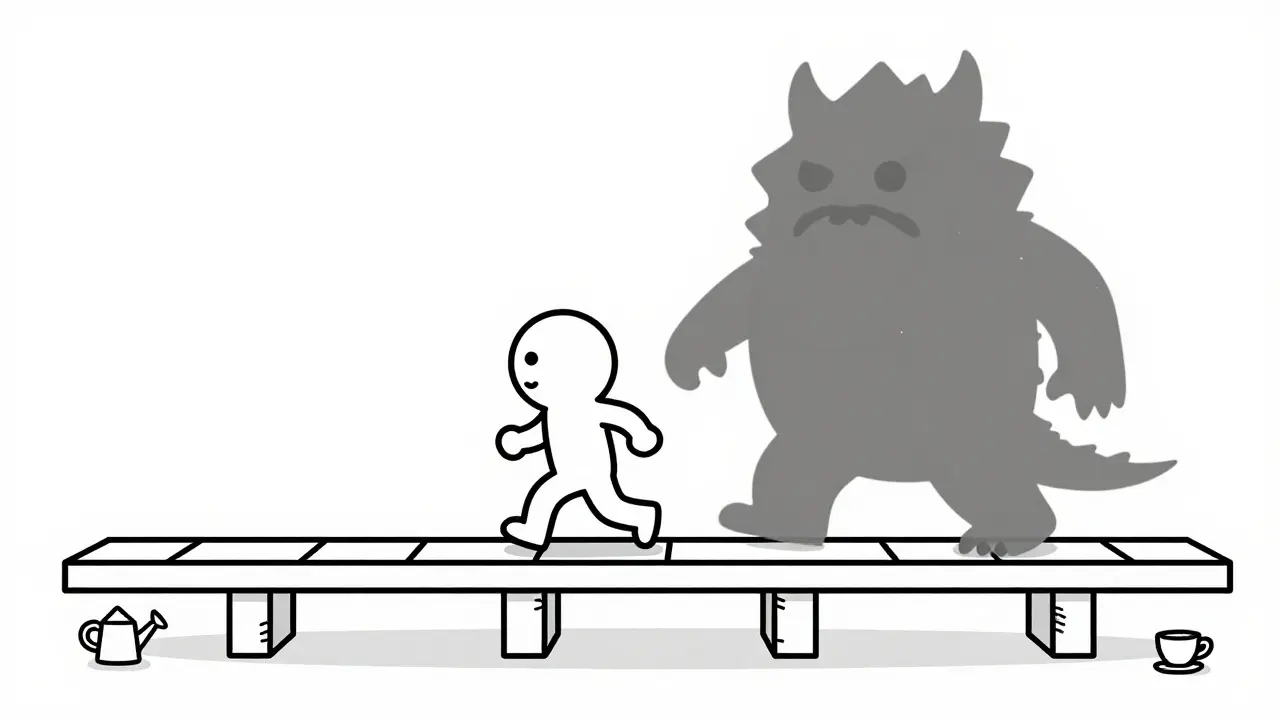 Cartoon line art of a person taking a confident step forward past a receding shadow of fear.