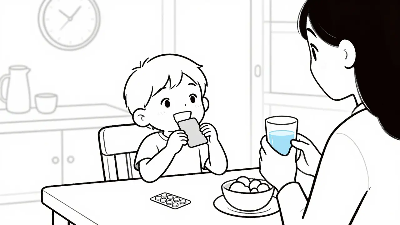 Child happily chewing a medication tablet at the breakfast table