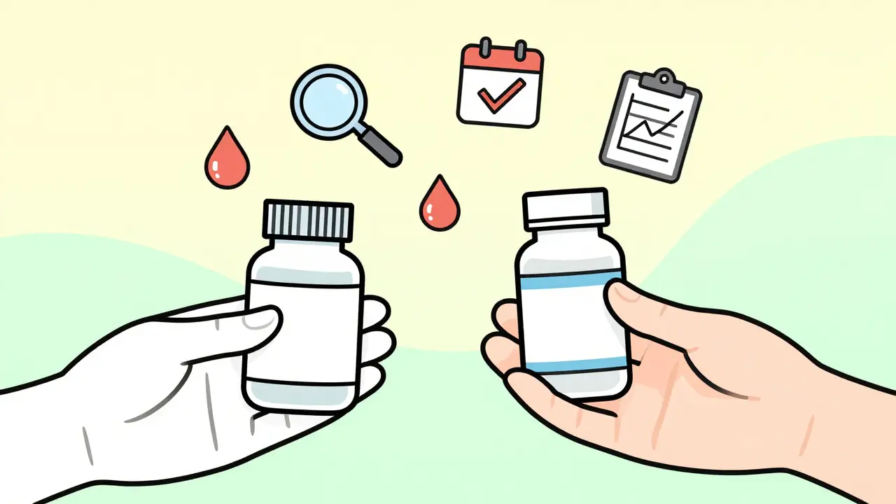 Hands exchanging medication bottles with safety check icons nearby