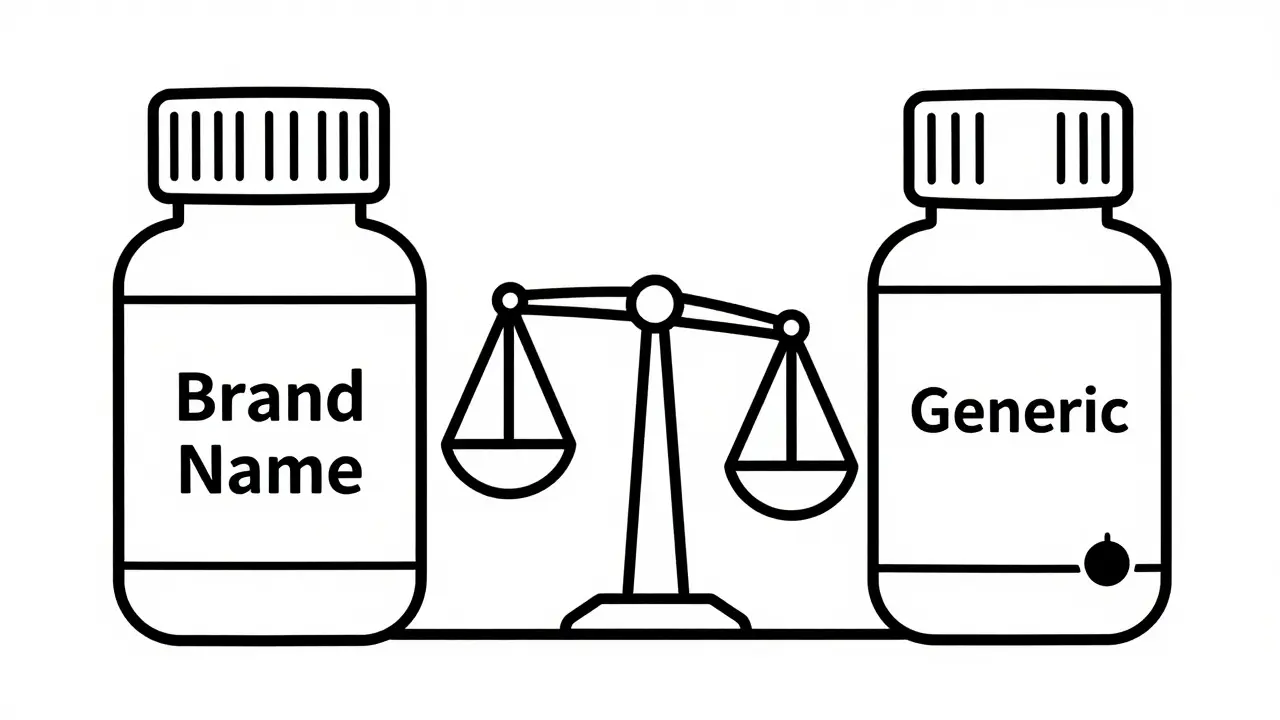 Illustration comparing brand name vs generic pill costs using a balance scale.