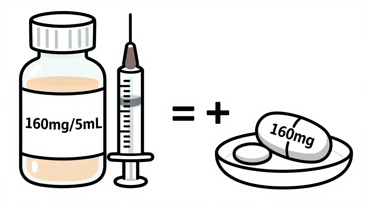 Illustration comparing liquid medicine dosage to chewable tablet strength