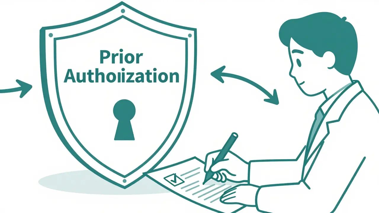 Illustration of doctor signing prior authorization for insurance approval