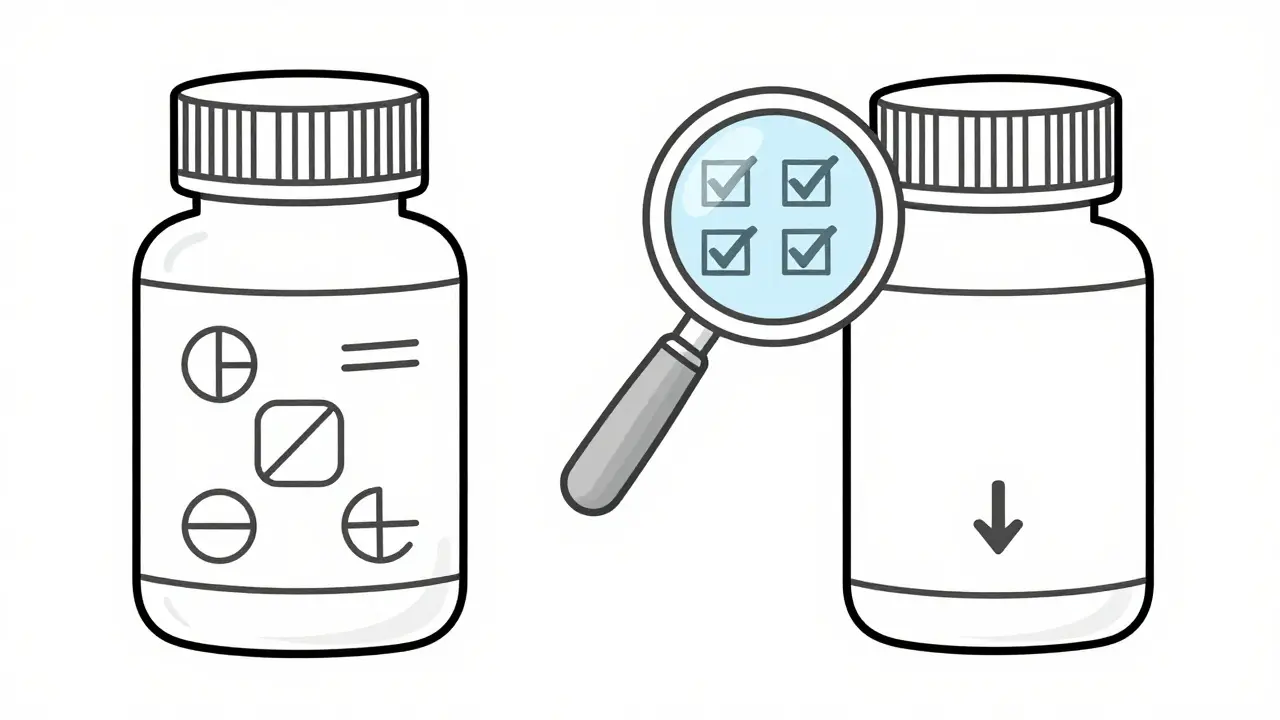 Line art comparing brand name vs generic pill bottles