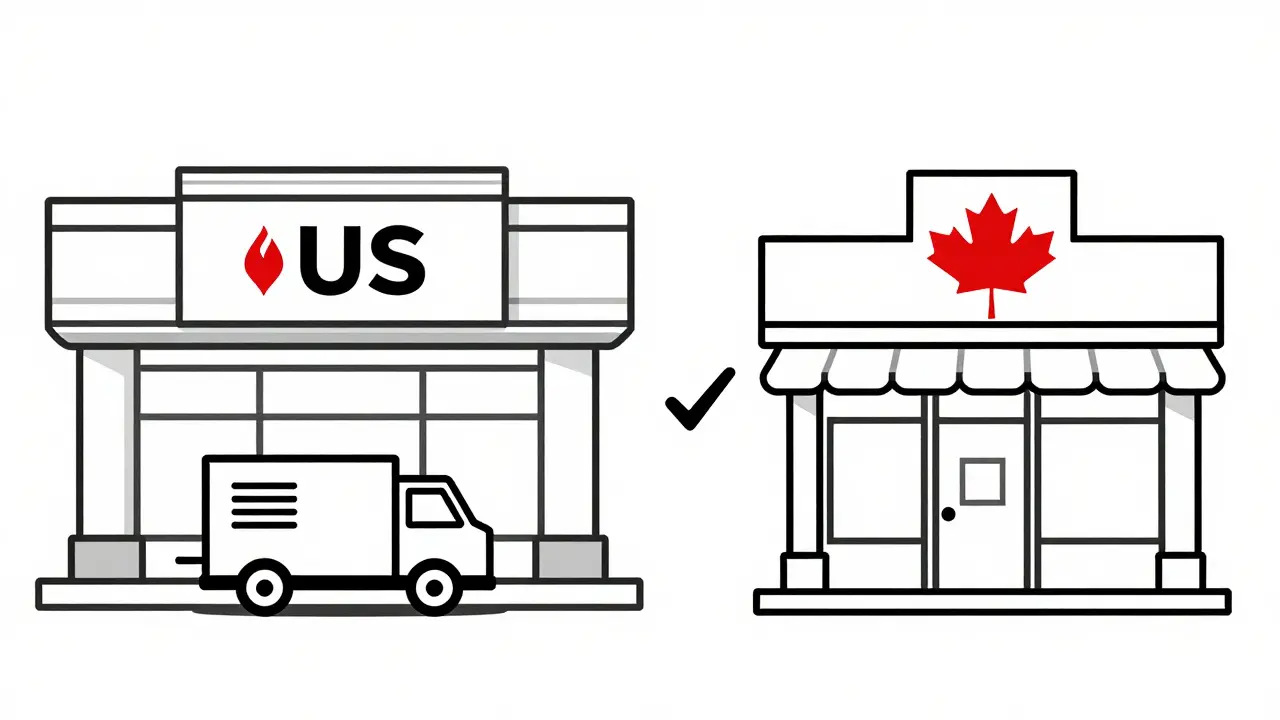 Line art comparing US and Canadian online pharmacy options