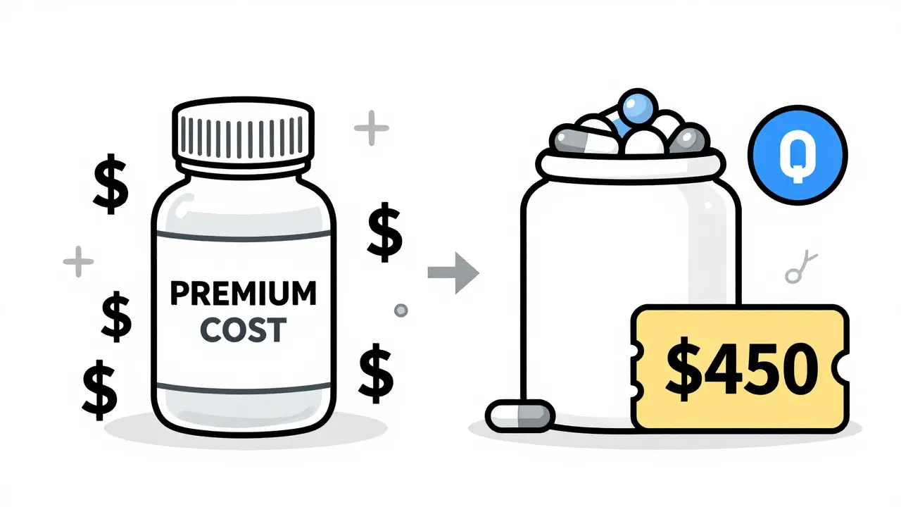 Line art comparison of expensive brand name vs cheap generic pills