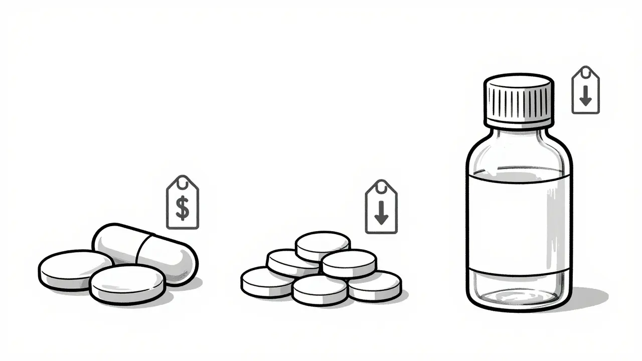 Line art diagram of gabapentin capsules, tablets, and liquid forms