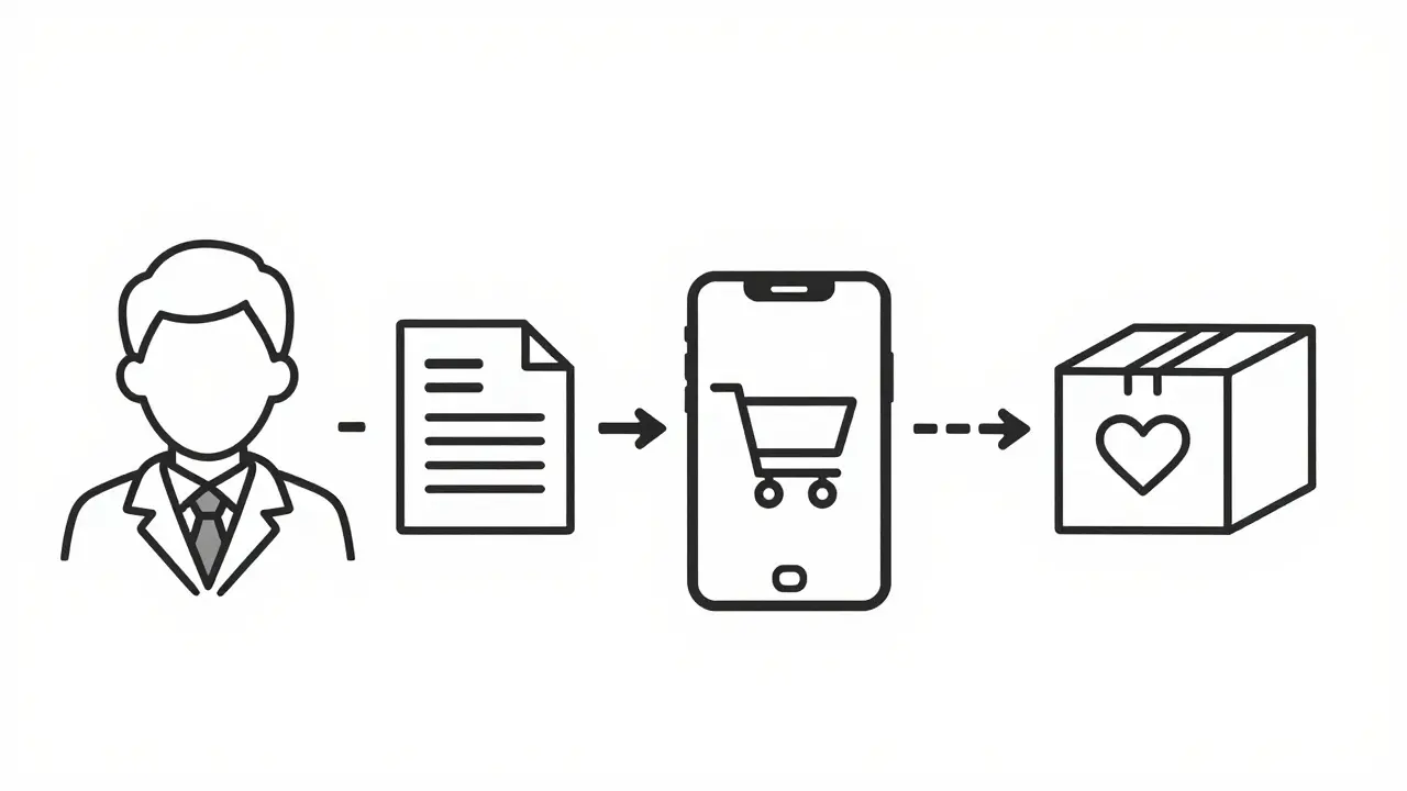 Line art flowchart of online prescription buying steps