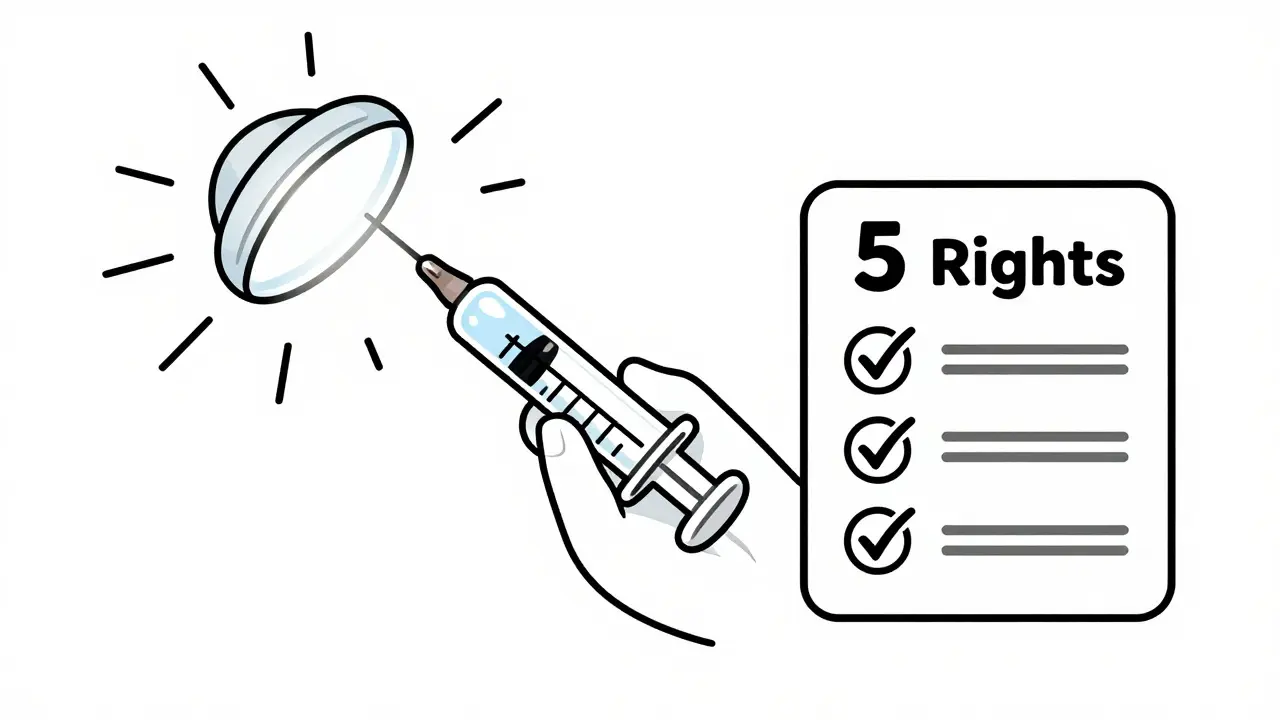 Line art guide showing correct use of oral syringe for accurate pediatric medication dosing.