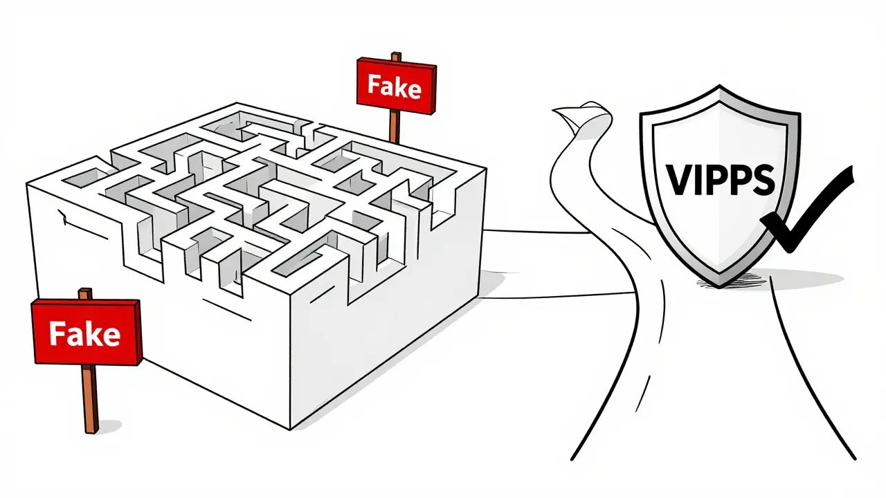 Line art illustrating safe vs unsafe online pharmacy choices with warning signs