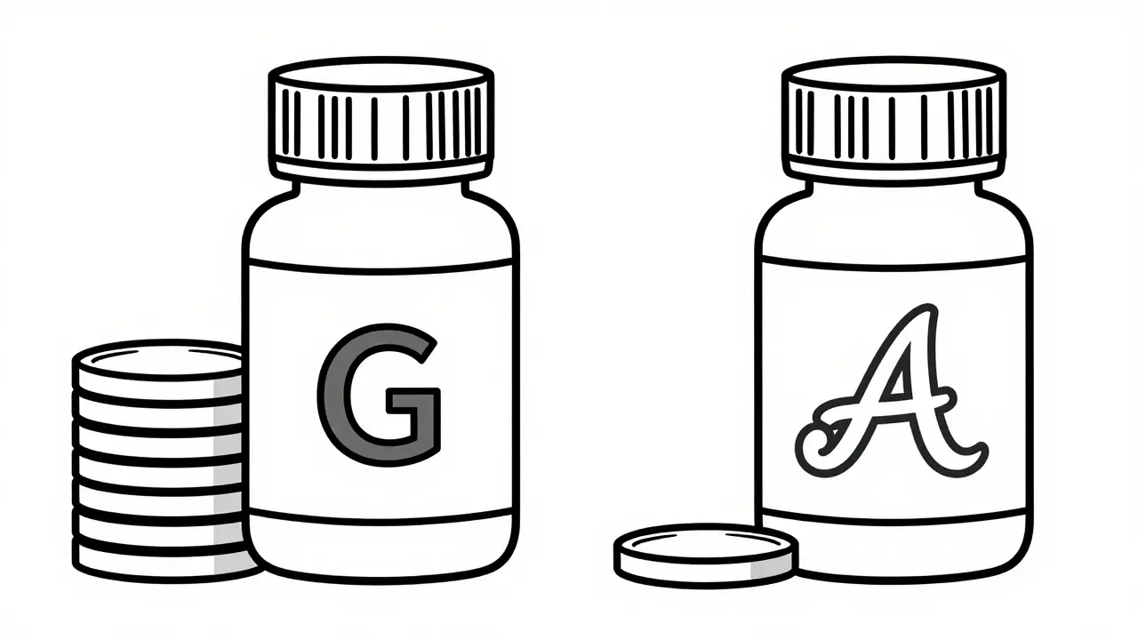 Line art illustration comparing cheap generic pills with expensive brand name pills.