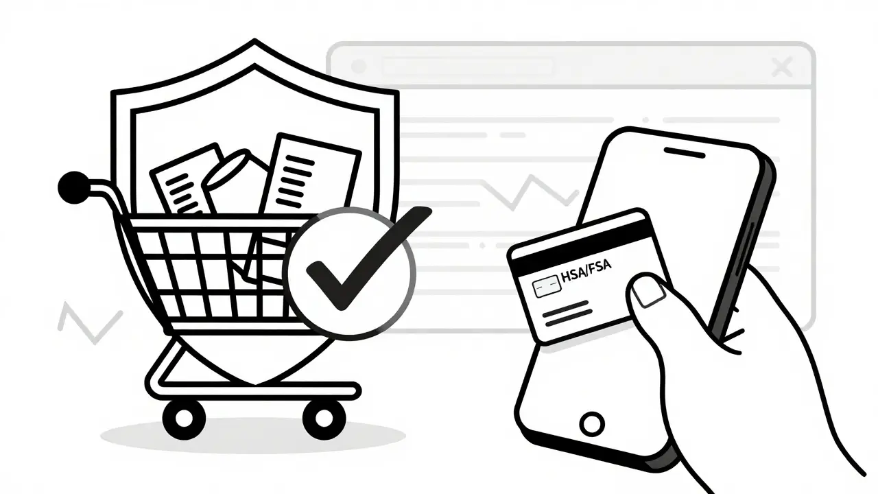 Line art of a security shield protecting online medicine purchase with HSA card.