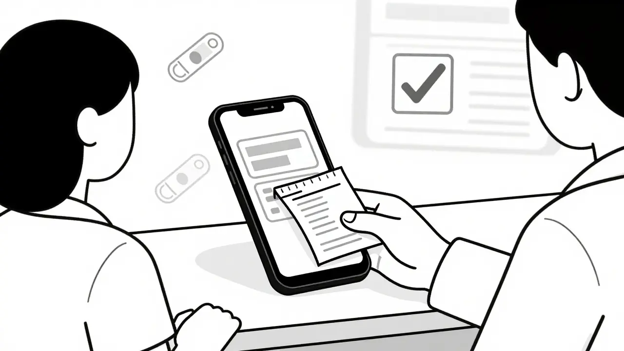 Line art of using digital coupons at a pharmacy counter