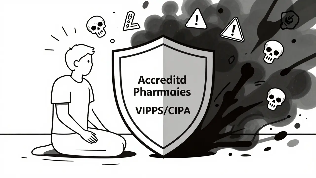Line art showing a safety shield protecting against fake online pharmacy risks.