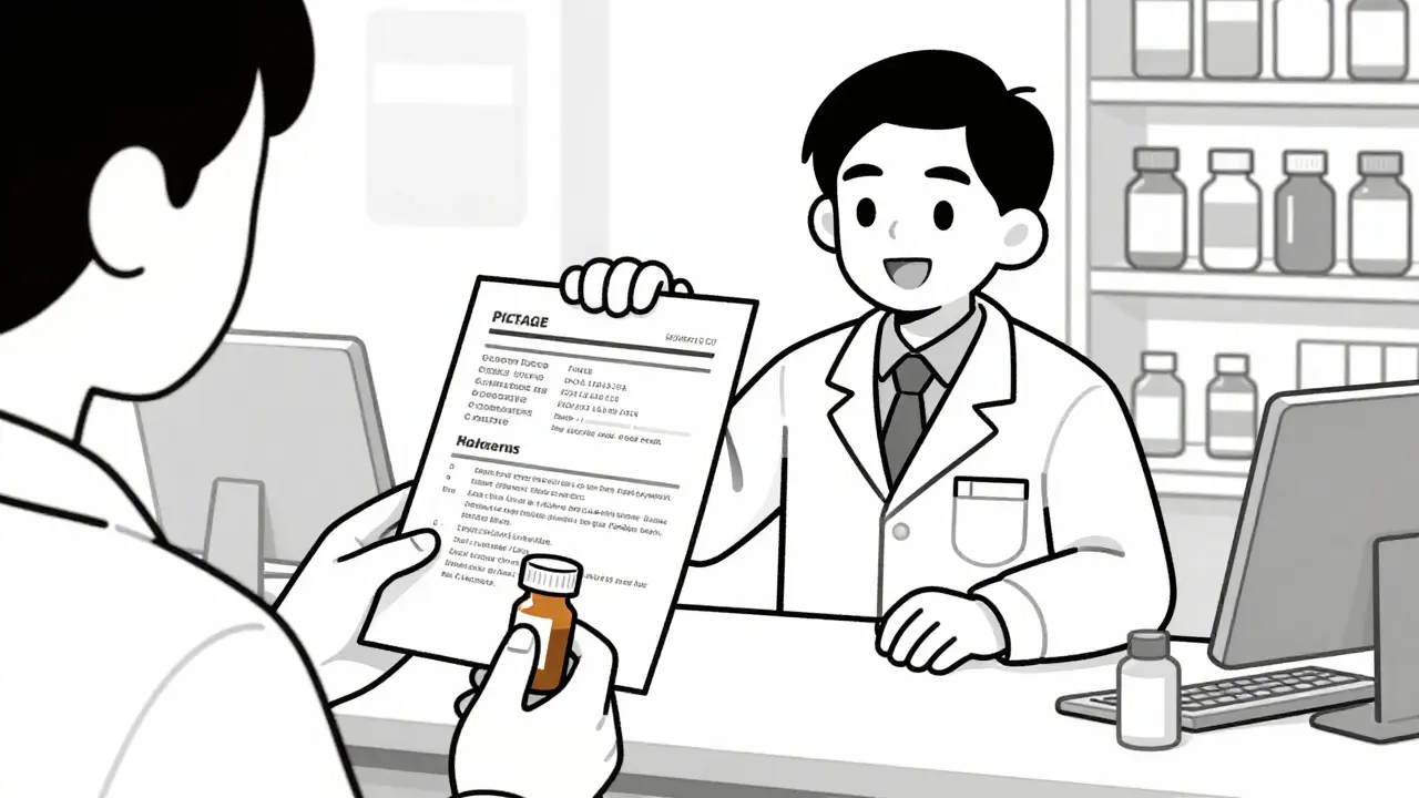 Pharmacist showing package insert details to a patient at the counter