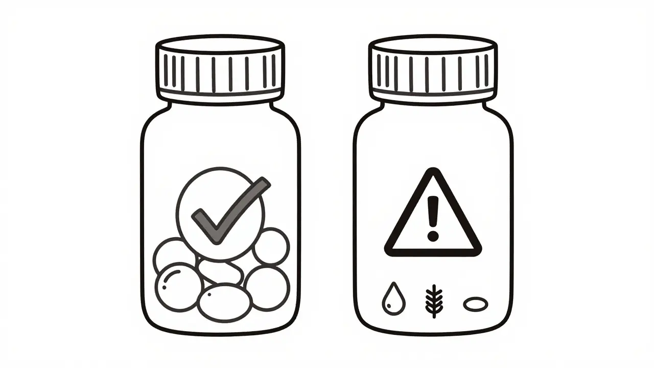 Two identical pill bottles revealing different internal allergen ingredients