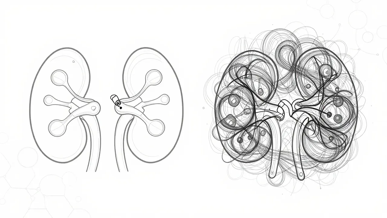 Abstract line art of targeted antibodies treating kidney inflammation