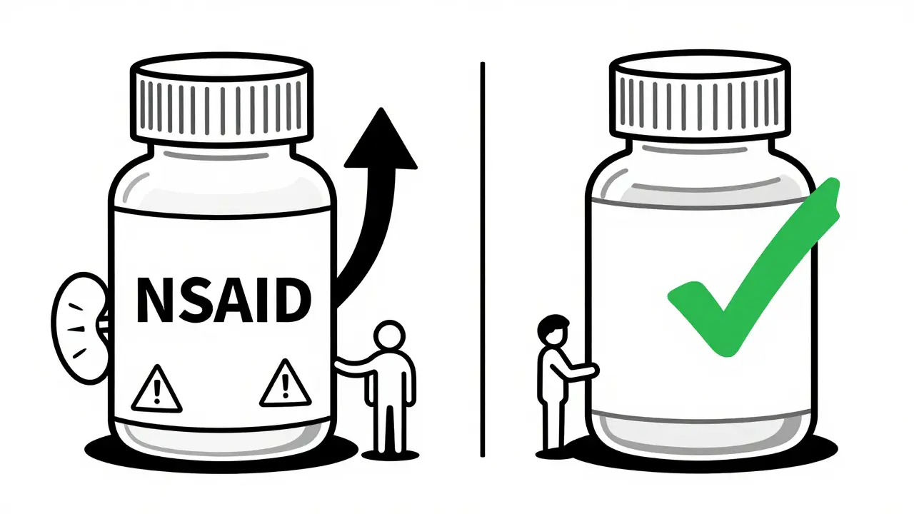 Cartoon line art comparing NSAIDs causing kidney stress versus acetaminophen maintaining stability.
