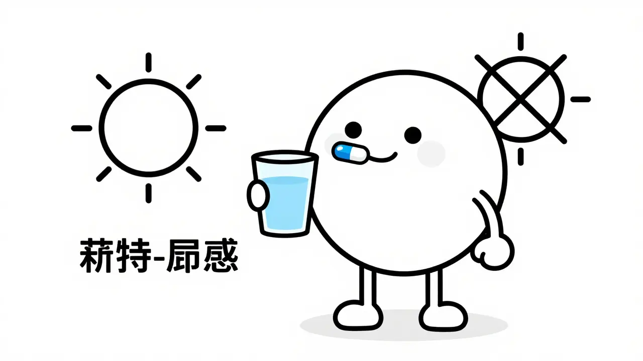 Character taking medication with water, avoiding sunlight