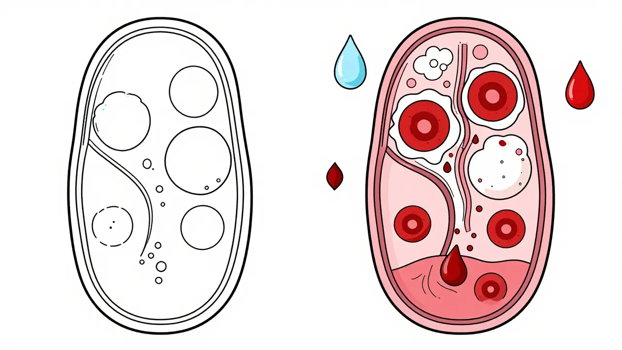 Diagram showing healthy vs leaky kidney filters with protein and blood leakage