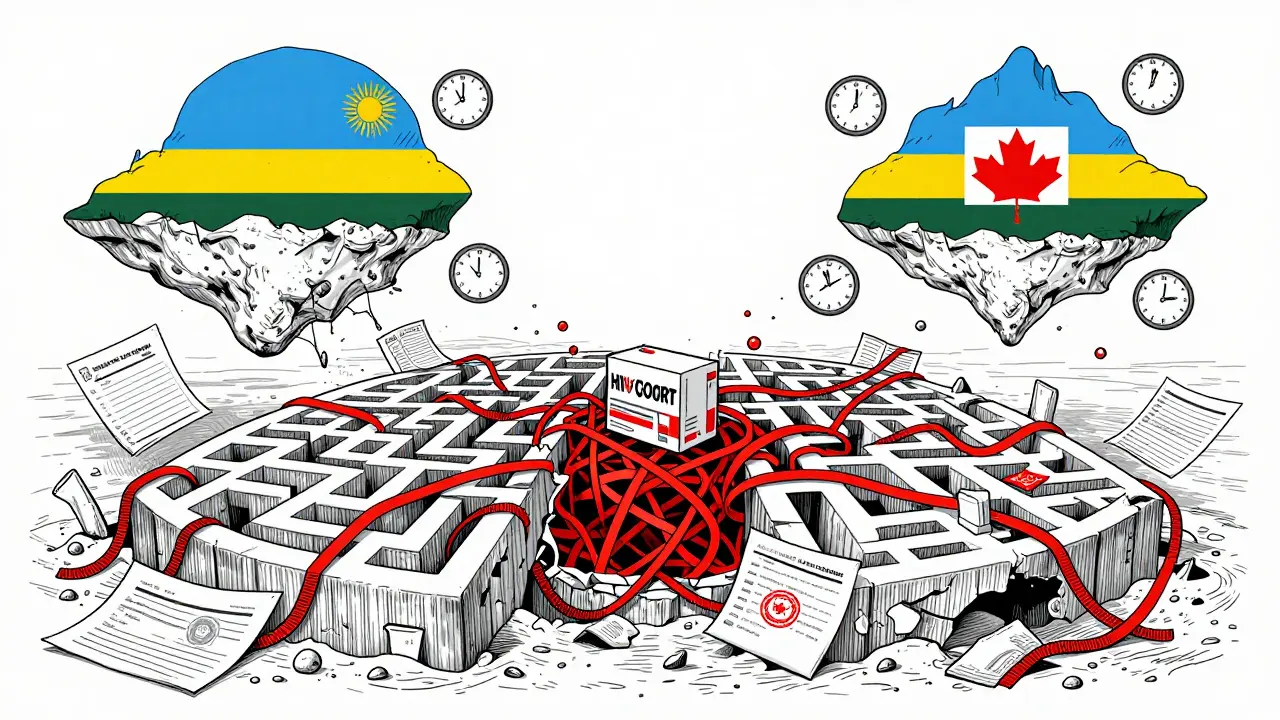 Illustration showing medicine stuck in a maze of red tape between two countries, symbolizing bureaucratic delays.