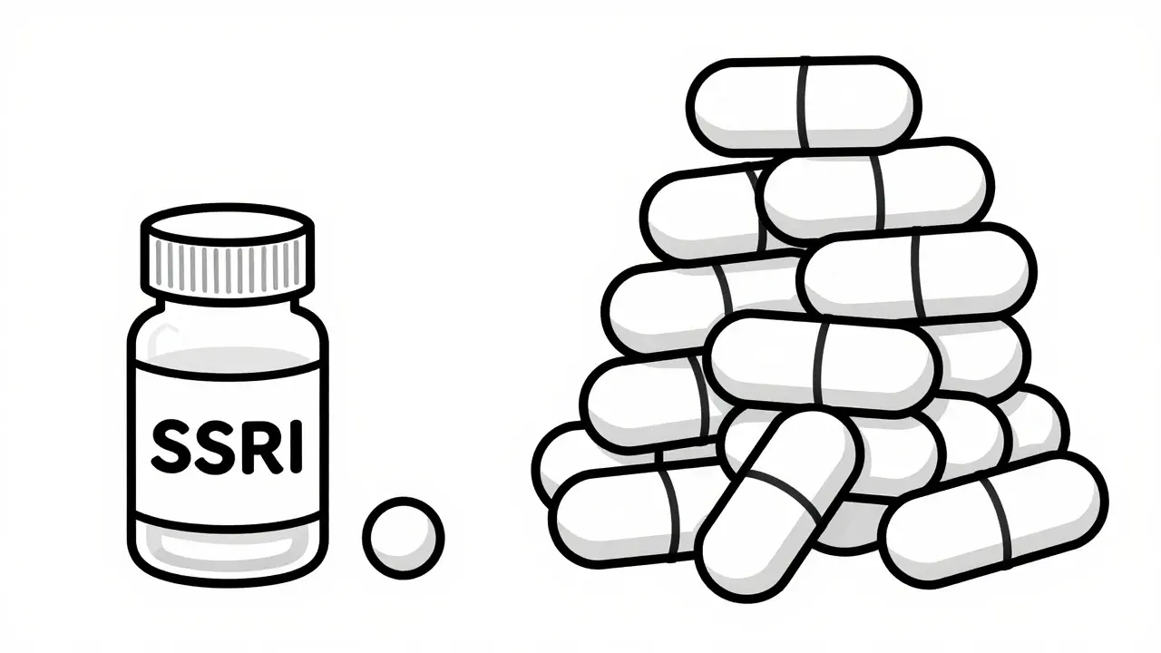 Line art comparing small vs large stacks of pills for dosage concepts