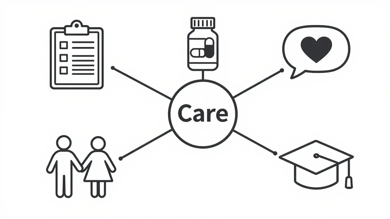 Line art diagram of five pillars of coordinated specialty care