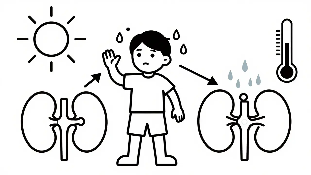 Line art diagram showing how dehydration causes kidneys to retain lithium molecules.