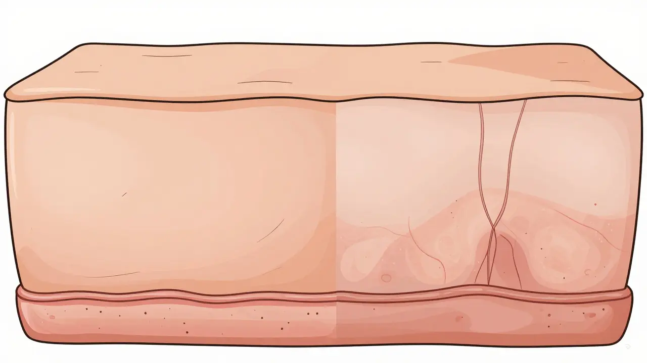 Line drawing comparing healthy vs thinned skin texture