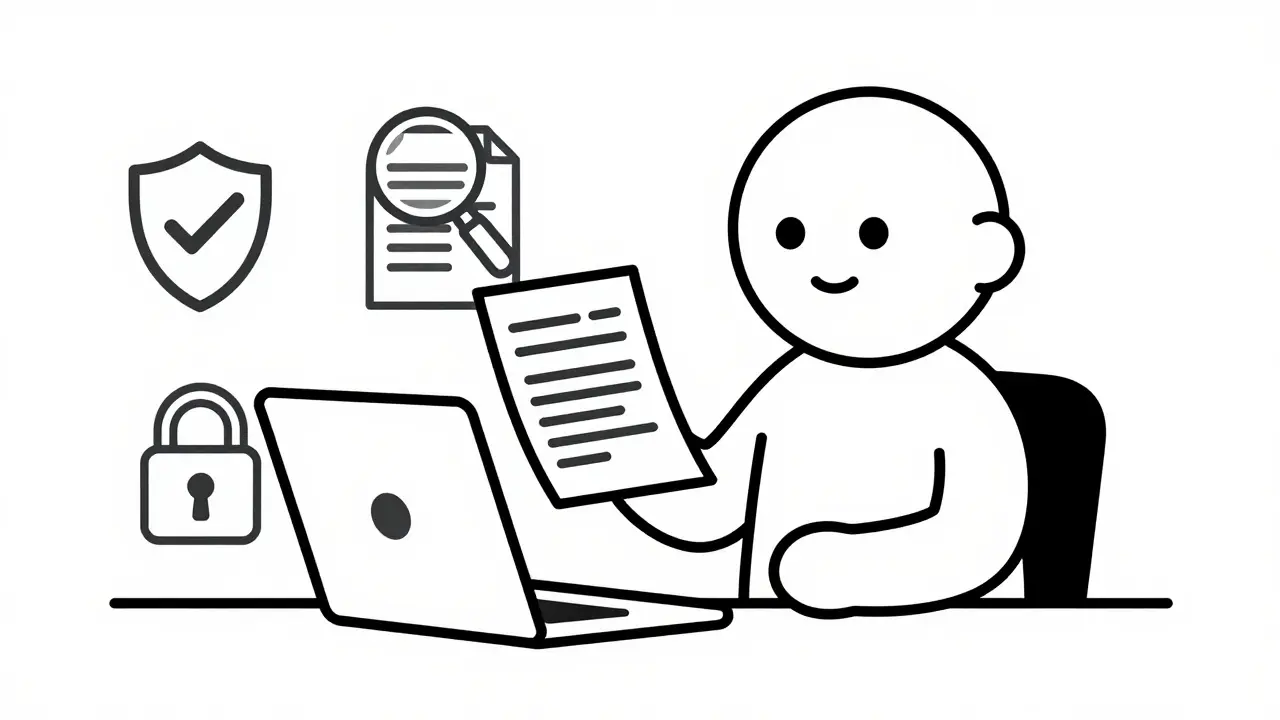 Person with prescription researching safe online pharmacy options
