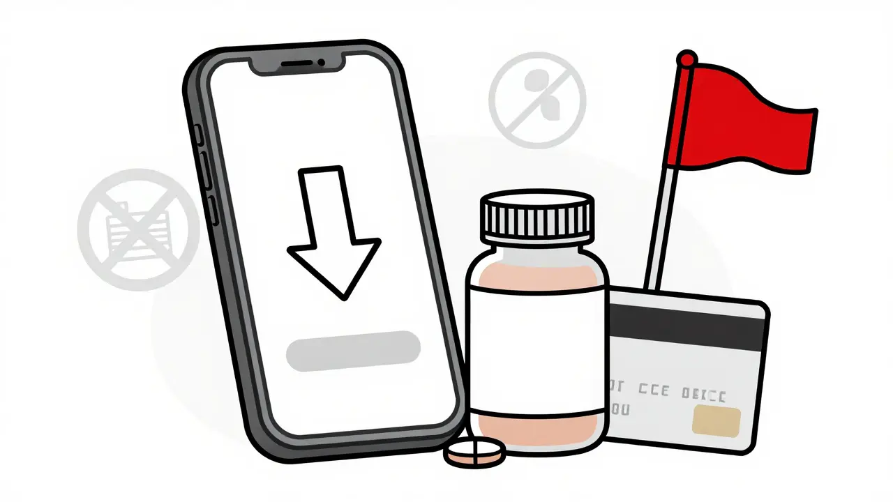 Smartphone coupon app and pill bottle illustrating safe savings