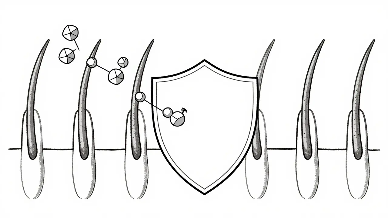 Abstract line drawing of hormones blocked from hair follicles