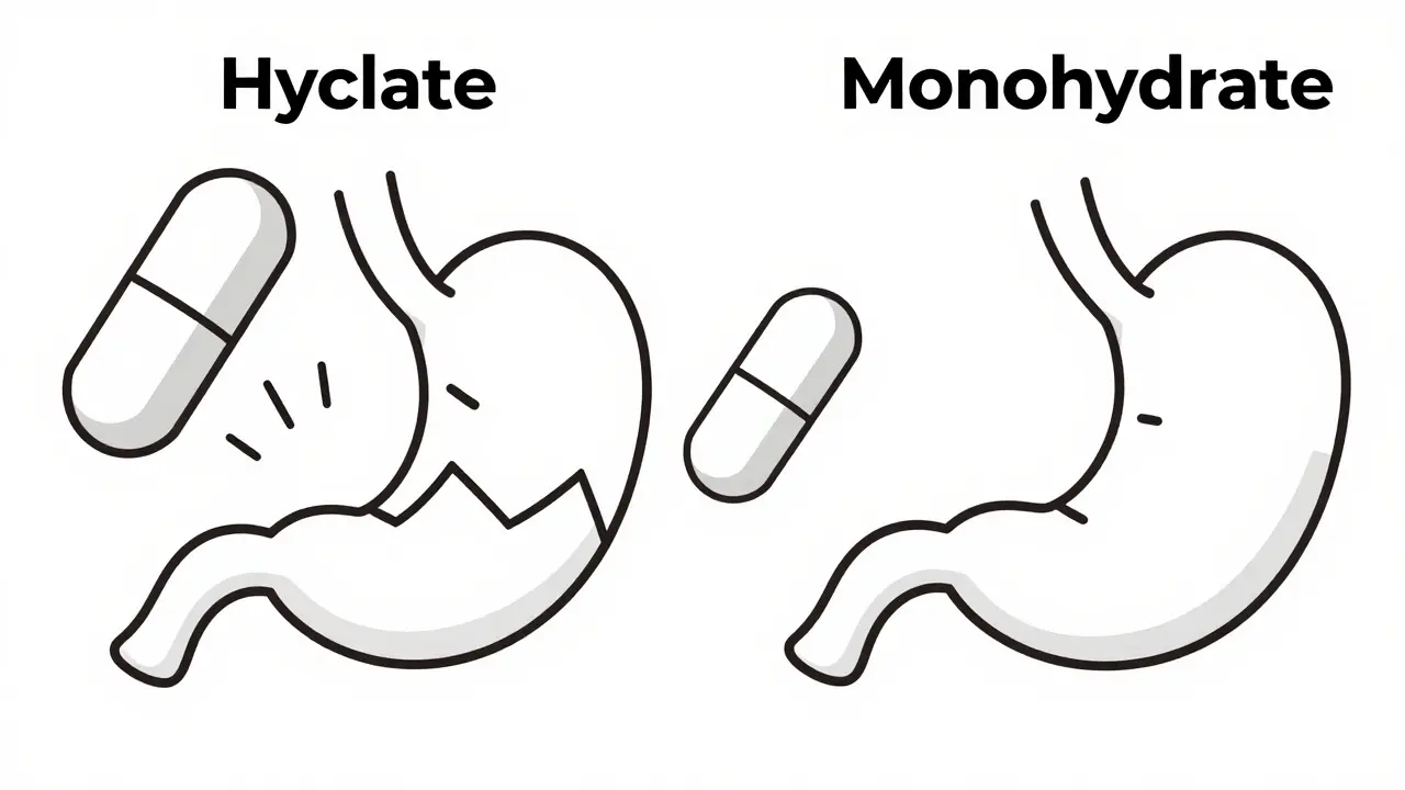 Black and white line drawing comparing stomach effects of two antibiotic forms