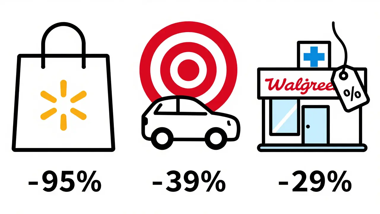 Cartoon line art of major retail stores selling Alli with price tags.