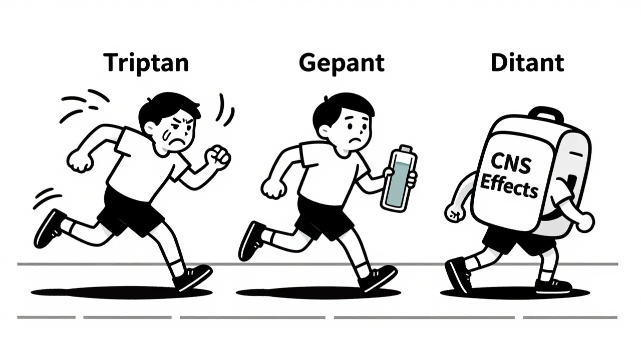 Cartoon line drawing showing speed vs duration of migraine medications