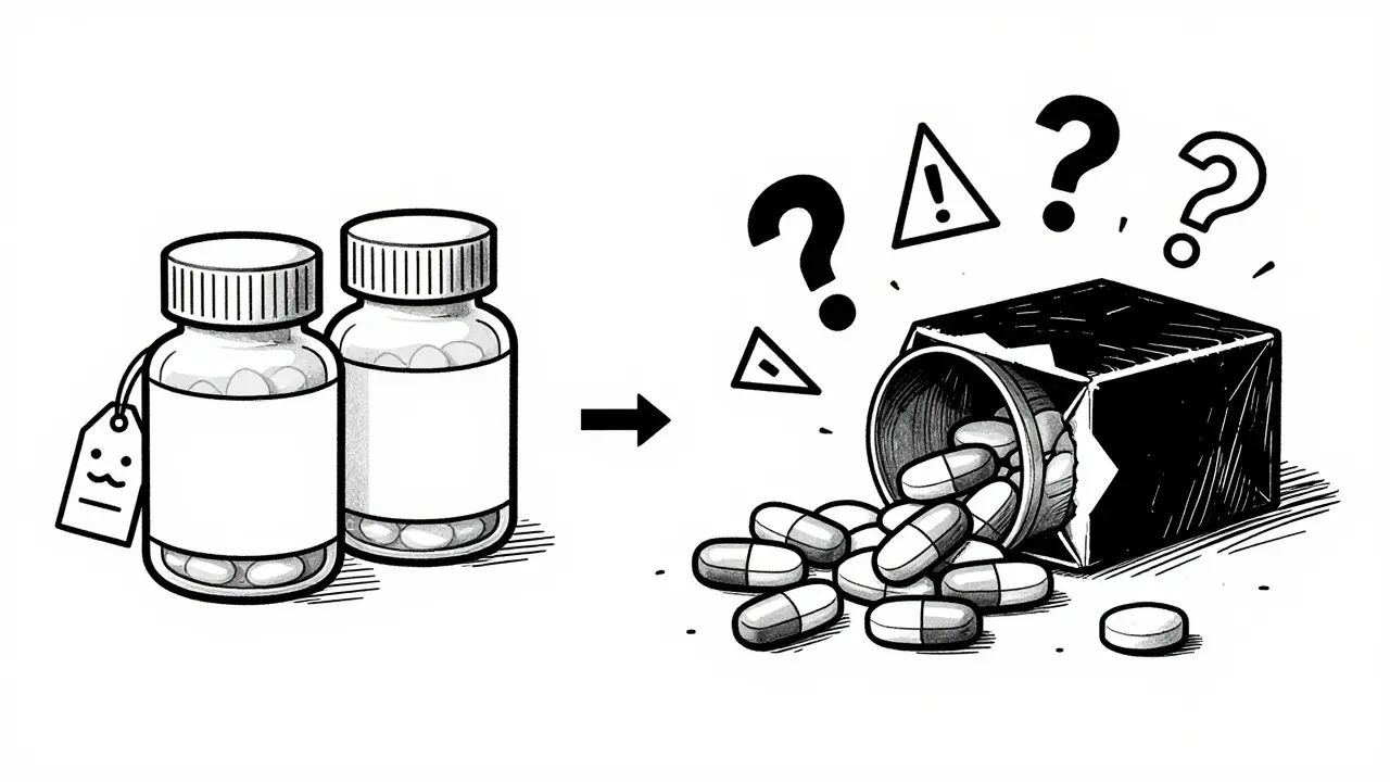 Illustration comparing safe generic pills to dangerous counterfeit drugs.