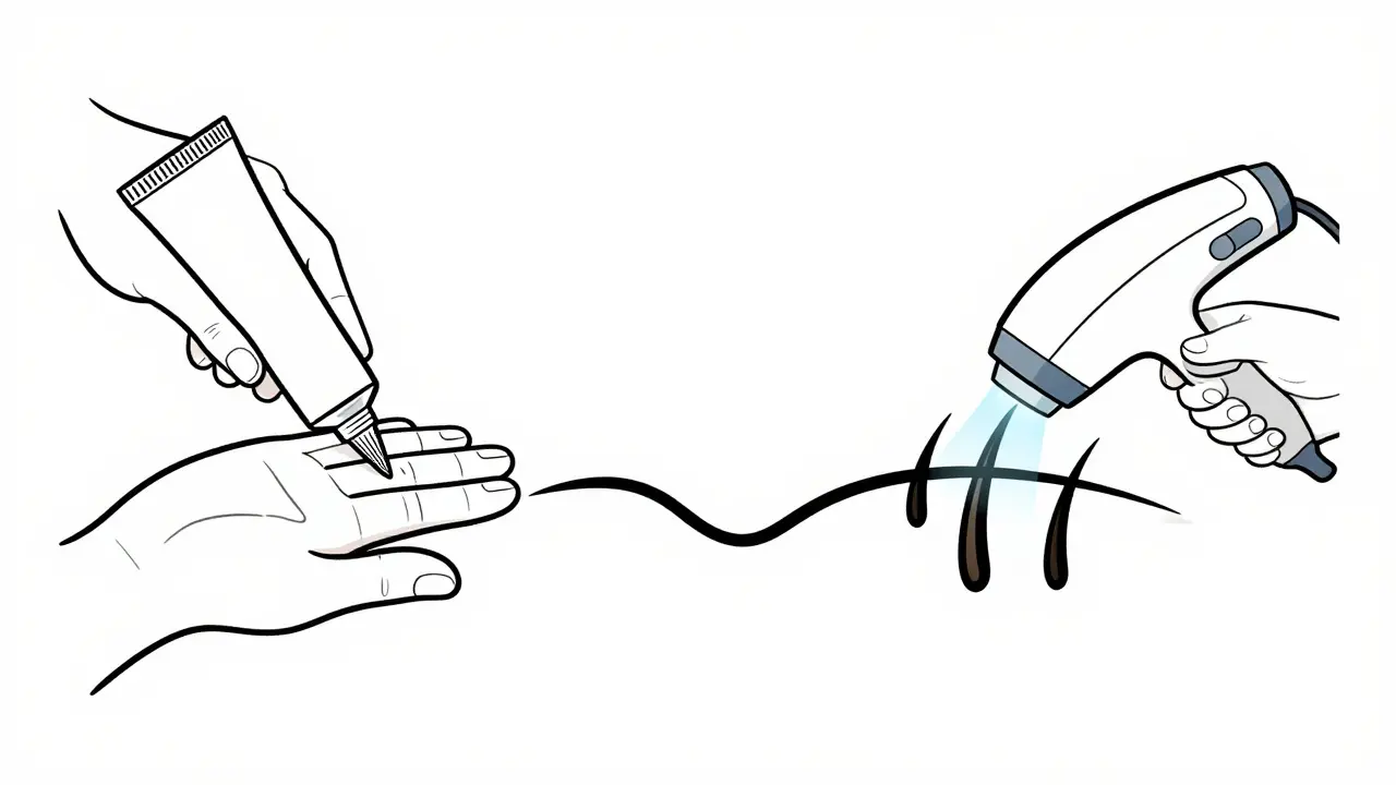 Illustration of cream application and laser hair removal synergy