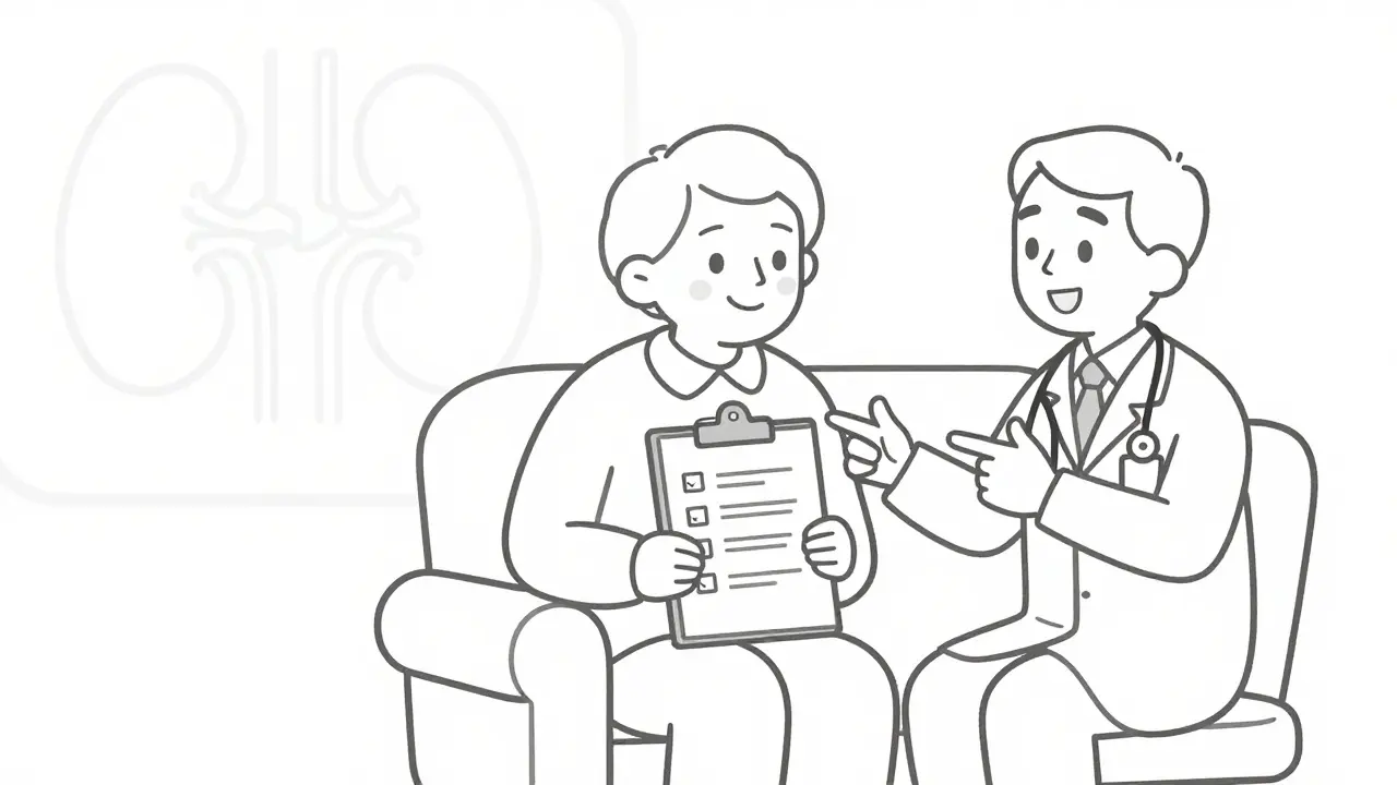Illustration of elderly patient and doctor reviewing a medication checklist together.