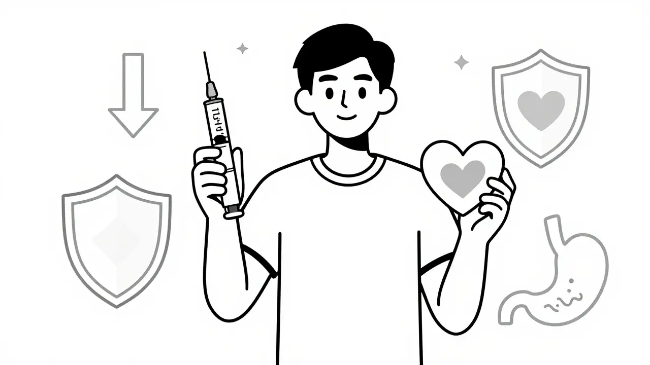 Illustration of GLP-1 agonist benefits including heart health